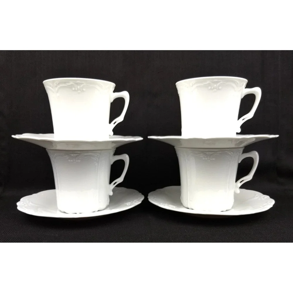Tirschenreuth Baronesse Cup & Saucer Set of 4 White Porcelain Embossed Scroll